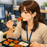 オフィスでキムチ弁当を食べる女性