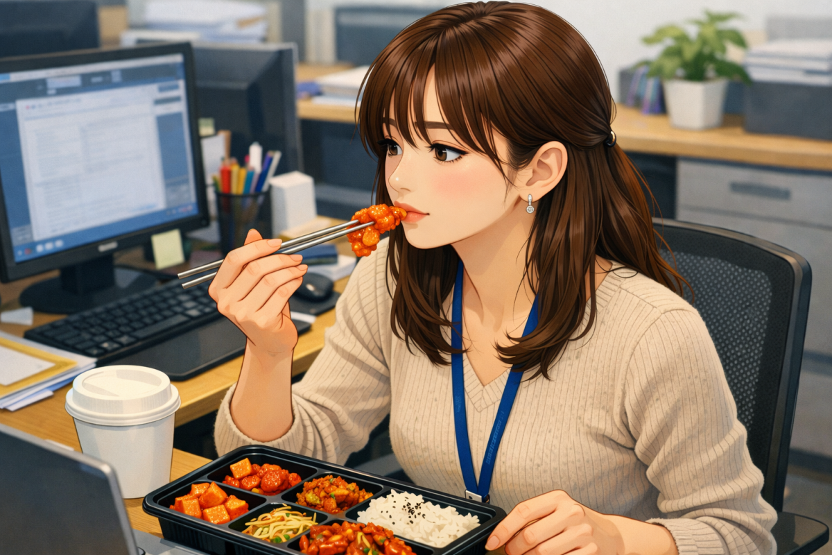 オフィスでキムチ弁当を食べる女性
