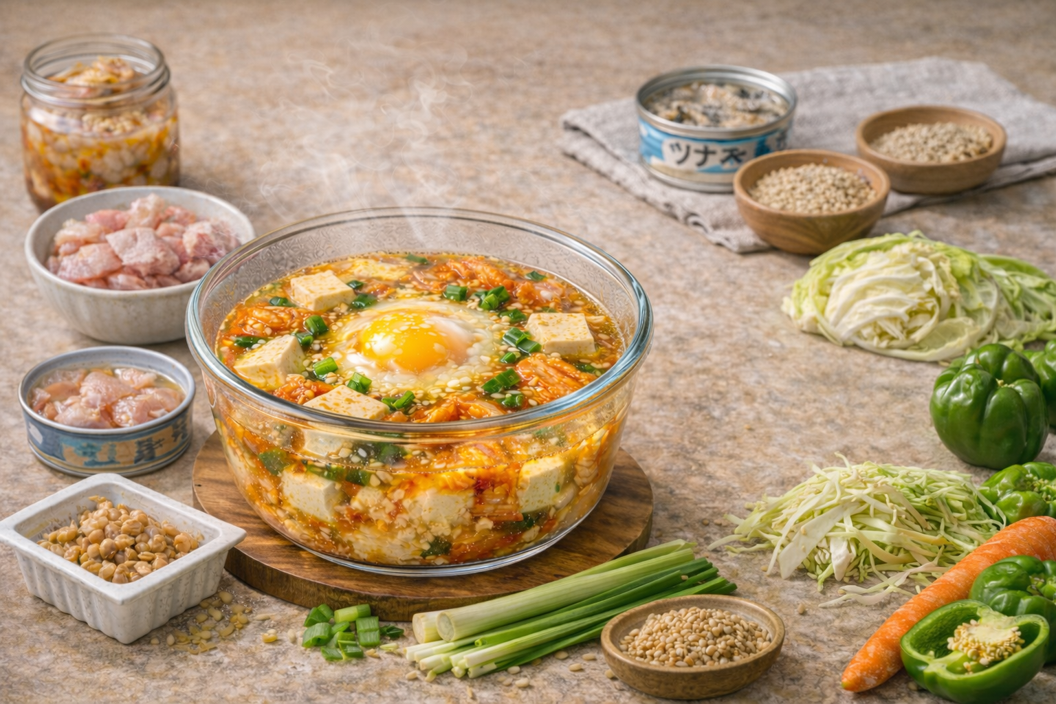 レンジで作ったキムチスープと素材